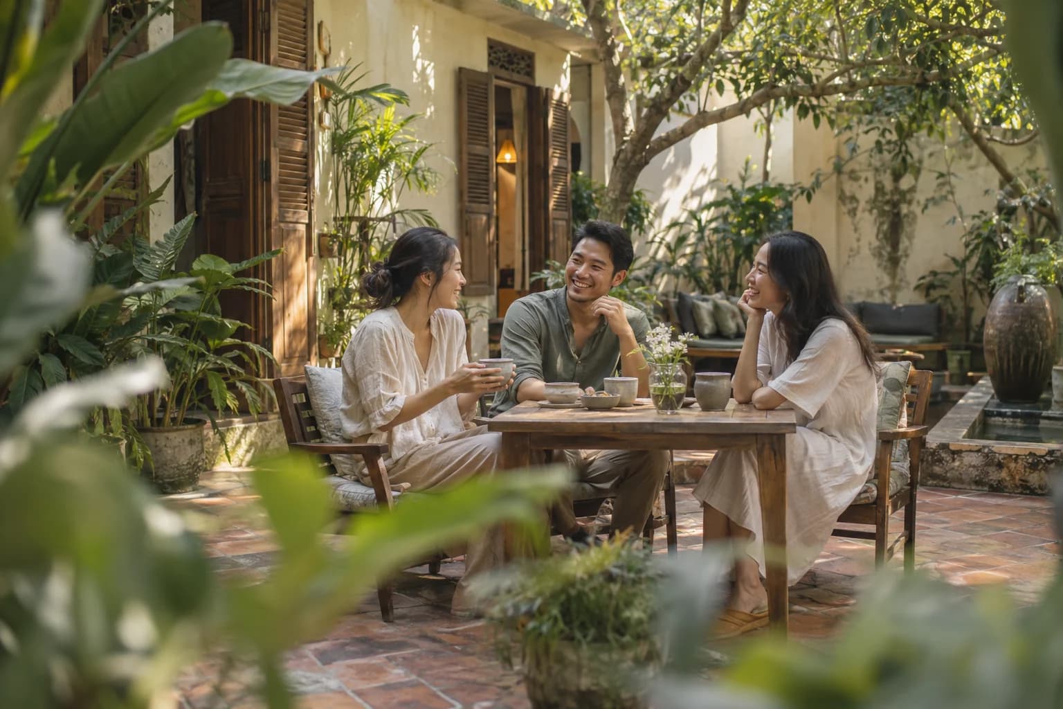 Ảnh minh họa những người bạn trò chuyện bên bàn cà phê trong sân vườn.